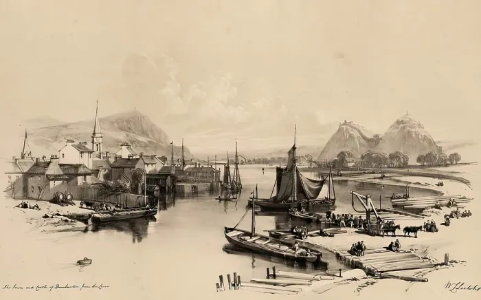 Framed Print : Scotland Delineated-The Town and Castle of Dumbarton from the Leven, 1847. Creator: James Duffield Harding Framed Print : Scotland Delineated-The Town and Castle of Dumbarton from the Leven, 1847. Creator: James Duffield Harding