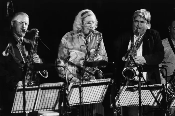 Framed Print : Scott Hamilton, Kathy Stobart, Tony Coe, Brecon Jazz Festival, 1996. Creator: Brian Foskett Framed Print : Scott Hamilton, Kathy Stobart, Tony Coe, Brecon Jazz Festival, 1996. Creator: Brian Foskett