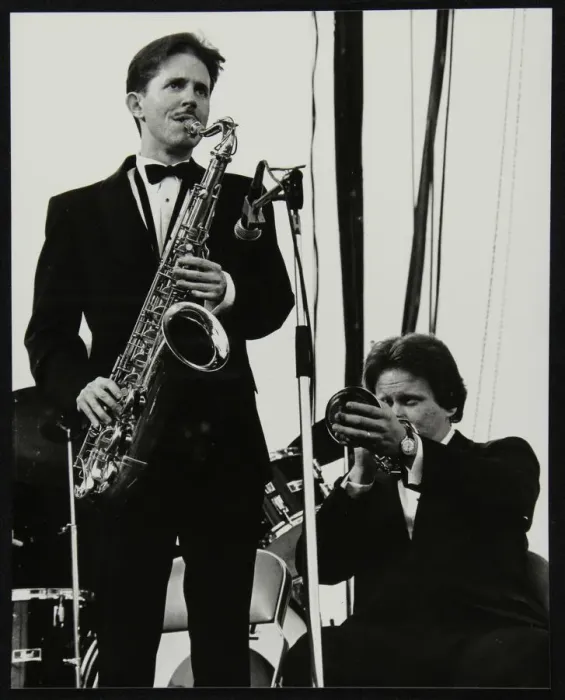 Framed Print : Scott Hamilton (tenor saxophone and Warren Vache (trumpet) at Knebworth, Hertfordshire, 1982 Framed Print : Scott Hamilton (tenor saxophone and Warren Vache (trumpet) at Knebworth, Hertfordshire, 1982