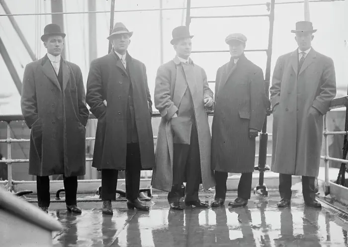Framed Print : Scott, Kieber, Zacker, Lush, and Merkel on boat deck, 1910. Creator: Bain News Service Framed Print : Scott, Kieber, Zacker, Lush, and Merkel on boat deck, 1910. Creator: Bain News Service
