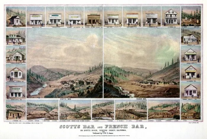 Framed Print : Scotts Bar and French Bar, on the Scotts River, Siskiyou County, California, 1856 (1937). Artist: Britton & Rey Framed Print : Scotts Bar and French Bar, on the Scotts River, Siskiyou County, California, 1856 (1937). Artist: Britton & Rey
