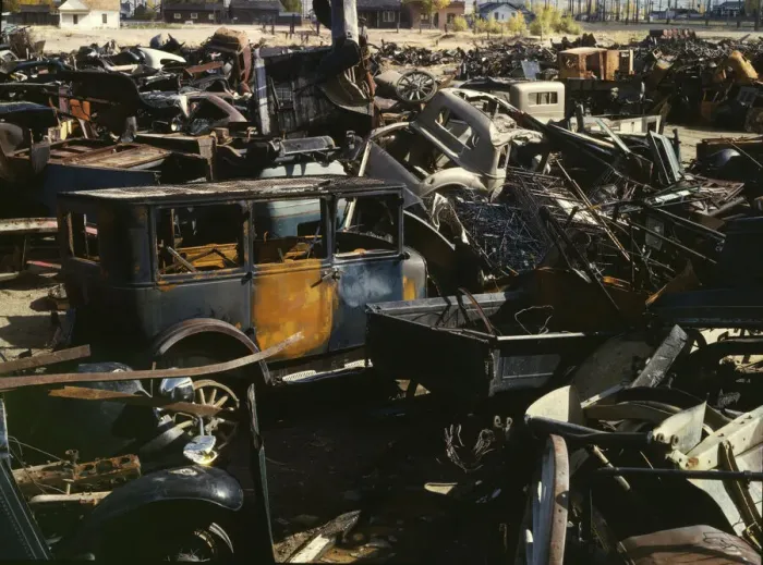 Framed Print : Scrap and salvage depot, Butte, Mont. 1942. Creator: Russell Lee Framed Print : Scrap and salvage depot, Butte, Mont. 1942. Creator: Russell Lee