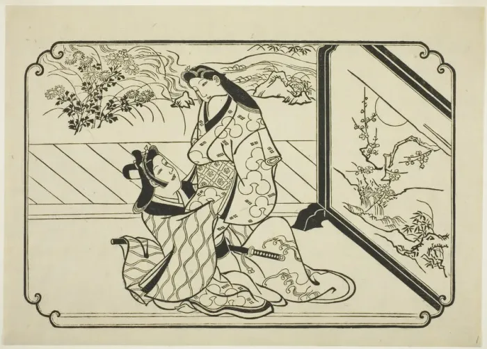 Framed Print : Behind the Screen, c. 1673 / 81. Creator: Hishikawa Moronobu Framed Print : Behind the Screen, c. 1673 / 81. Creator: Hishikawa Moronobu