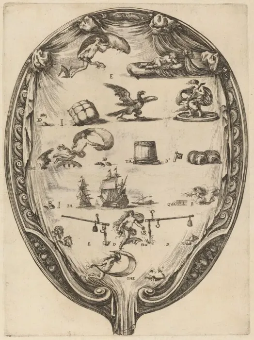Framed Print : Screen Depicting the Italian Rebus of Fortune. Creator: Stefano della Bella Framed Print : Screen Depicting the Italian Rebus of Fortune. Creator: Stefano della Bella