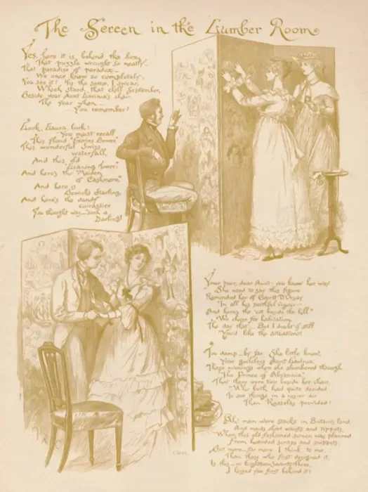 Framed Print : The Screen in the Lumber Room, 1886. Artist: Randolph Caldecott Framed Print : The Screen in the Lumber Room, 1886. Artist: Randolph Caldecott