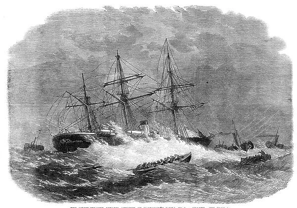 The screw-steamer Ontario aground on Hasborough Sands, near Yarmouth, 1864. Creator: Unknown