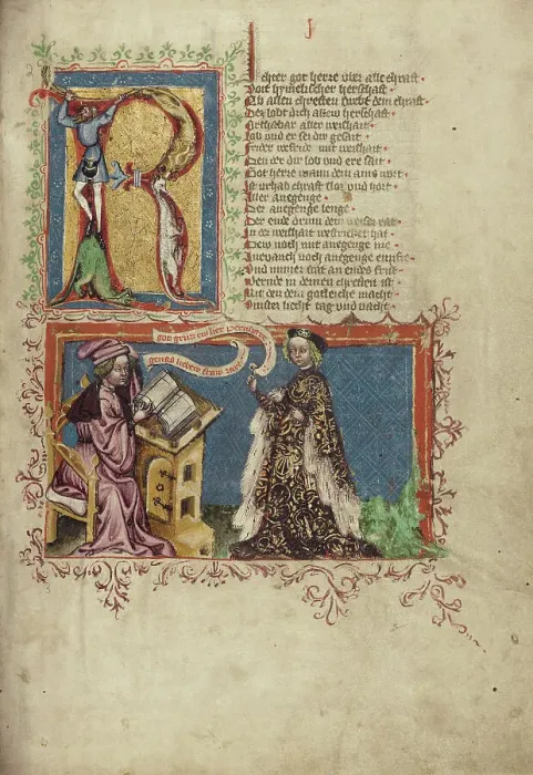 Framed Print : A Scribe and a Woman; Weltchronik, about 1400-1410. Creator: Unknown Framed Print : A Scribe and a Woman; Weltchronik, about 1400-1410. Creator: Unknown