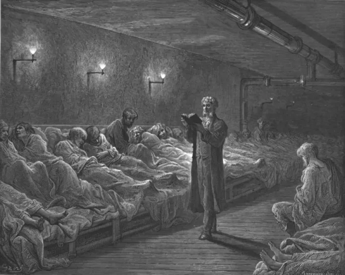 Framed Print : Scripture Reader in a Night Refuge, 1872. Creator: Gustave Doré Framed Print : Scripture Reader in a Night Refuge, 1872. Creator: Gustave Doré