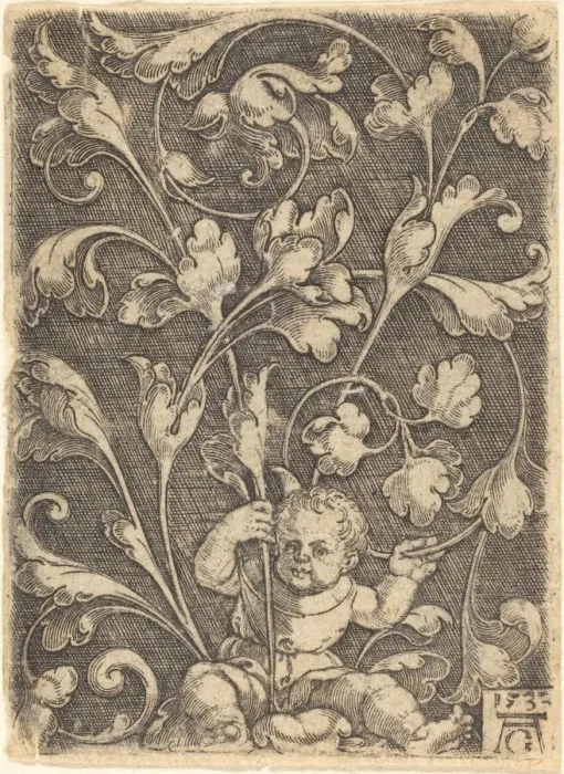 Framed Print : Scroll Ornament with Seated Child, 1532. Creator: Heinrich Aldegrever Framed Print : Scroll Ornament with Seated Child, 1532. Creator: Heinrich Aldegrever