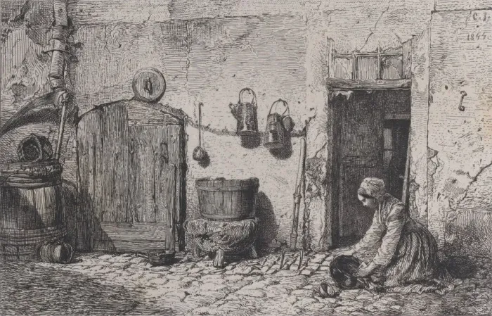 Framed Print : Scrubbing Woman, 1844. Creator: Charles Emile Jacque Framed Print : Scrubbing Woman, 1844. Creator: Charles Emile Jacque