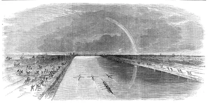 Framed Print : Sculling match for £250 between Kelley, Chambers, and Cooper...Eau Brink Cut, King's Lynn, 1865. Creator: Unknown Framed Print : Sculling match for £250 between Kelley, Chambers, and Cooper...Eau Brink Cut, King's Lynn, 1865. Creator: Unknown