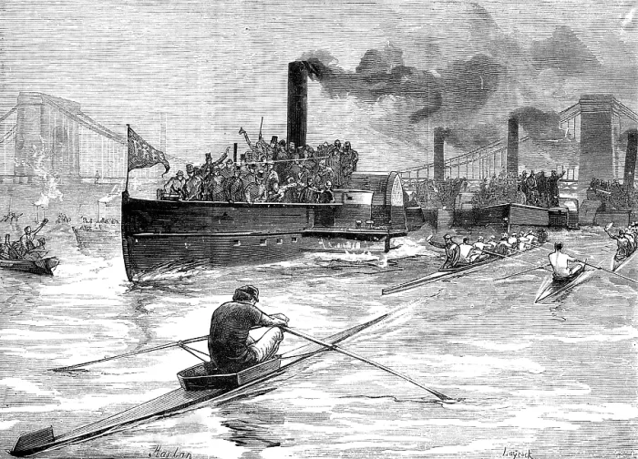 Framed Print : Sculling-race on Monday last for the Championship of the World, ...above Hammersmith Bridge, 1881. Creator: Unknown Framed Print : Sculling-race on Monday last for the Championship of the World, ...above Hammersmith Bridge, 1881. Creator: Unknown