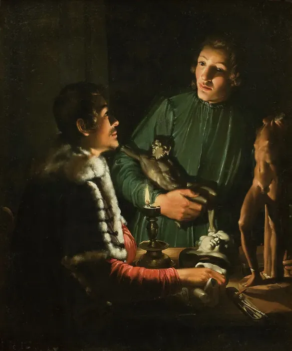 Framed Print : Two Sculptors at Night in Rome; Double Portrait of Francois Duquesnoy and Georg Petel, 1620-1623. Creator: Adam de Coster Framed Print : Two Sculptors at Night in Rome; Double Portrait of Francois Duquesnoy and Georg Petel, 1620-1623. Creator: Adam de Coster