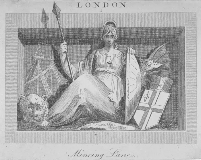 Framed Print : Sculptural panel in Mincing Lane, City of London, 1815 Framed Print : Sculptural panel in Mincing Lane, City of London, 1815