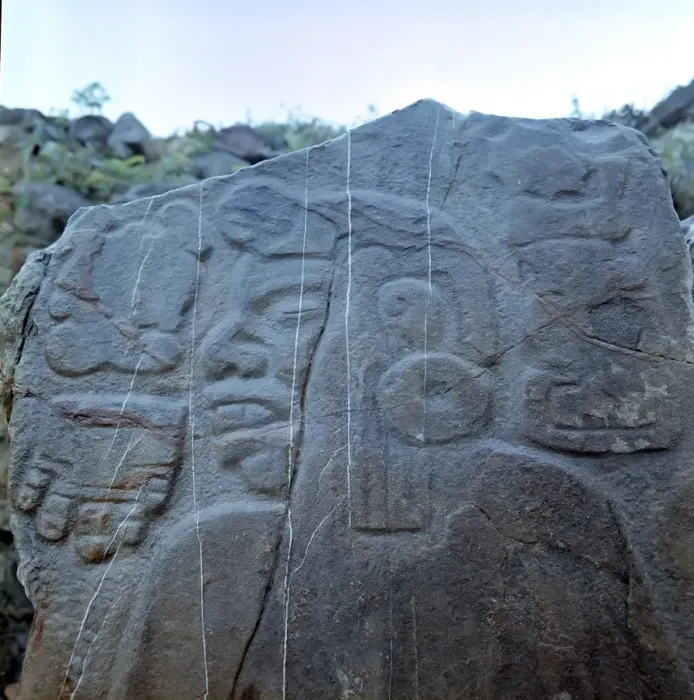 Framed Print : Detail of a sculptural relief on a rock representing a man with a large earring Framed Print : Detail of a sculptural relief on a rock representing a man with a large earring
