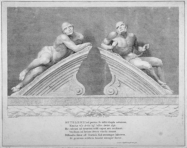 Sculptures outside the entrance to Old Bethlehem Hospital, Moorfields, City of London, 1783