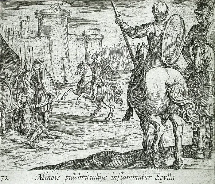 Framed Print : Scylla Watching Minos from the Castle Walls, published 1606. Creators: Antonio Tempesta, Wilhelm Janson Framed Print : Scylla Watching Minos from the Castle Walls, published 1606. Creators: Antonio Tempesta, Wilhelm Janson