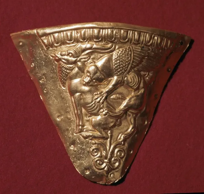 Framed Print : Scythian gold plate showing a winged panther attacking a goat Framed Print : Scythian gold plate showing a winged panther attacking a goat