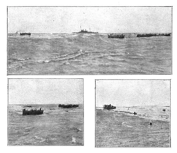 At sea; Amid the lifeboatds, rafts and swimmers, a French gunboat arrives... 1917. Creator: Unknown