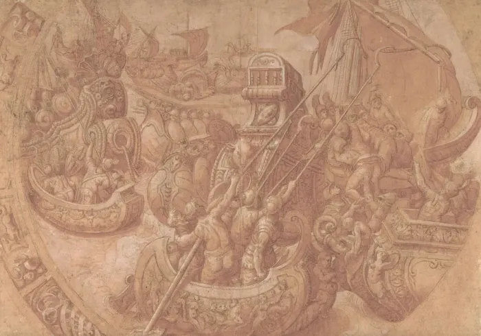 Framed Print : The Sea Battle in the Gulf of Morbihan, 16th century. Creator: Workshop of Taddeo Zuccaro Framed Print : The Sea Battle in the Gulf of Morbihan, 16th century. Creator: Workshop of Taddeo Zuccaro
