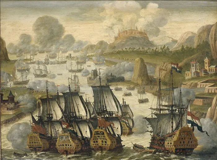 Framed Print : The Sea Battle of Vigo Bay, 23 October 1702, ca 1705. Artist: Netherlandish master Framed Print : The Sea Battle of Vigo Bay, 23 October 1702, ca 1705. Artist: Netherlandish master
