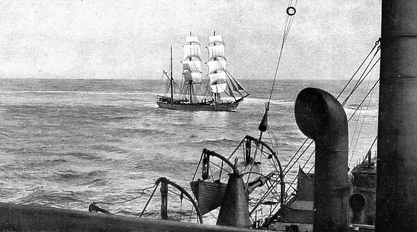 At sea; During boarding, a patrol cruiser turns on the visiting vessel which it encircles... 1917. Creator: Unknown