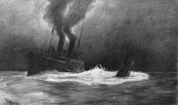 Framed Print : At sea; The English paddle steamer Monas-Queen crushes under its port... 1917. Creator: Henri Rudaux. At sea; The English paddle steamer Monas-Queen crushes under its port... 1917. Creator: Henri Rudaux Framed Print : At sea; The English paddle steamer Monas-Queen crushes under its port... 1917. Creator: Henri Rudaux. At sea; The English paddle steamer Monas-Queen crushes under its port... 1917. Creator: Henri Rudaux