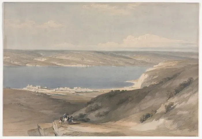 Framed Print : Sea of Galilee at Genezareth looking Towards Bashan, 1839. Creator: David Roberts (British Framed Print : Sea of Galilee at Genezareth looking Towards Bashan, 1839. Creator: David Roberts (British