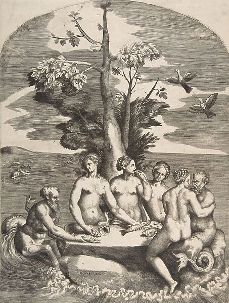 Two sea gods accompanied by four nymphs, 1531-76. Creator: Giulio Bonasone