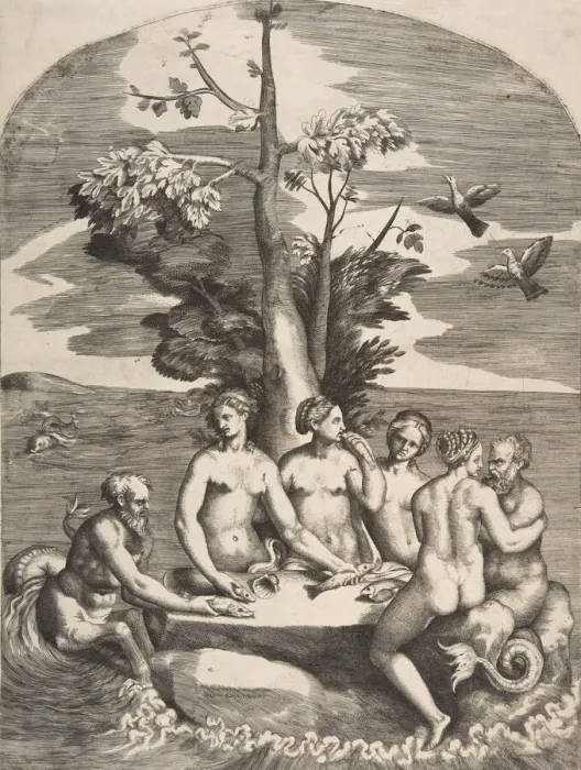 Framed Print : Two sea gods accompanied by four nymphs, 1531-76. Creator: Giulio Bonasone Framed Print : Two sea gods accompanied by four nymphs, 1531-76. Creator: Giulio Bonasone