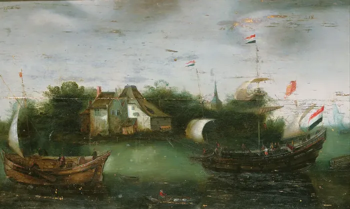 Framed Print : A Sea-going Vessel Sailing into an Inland Waterway, c.1614-c.1630. Creator: Anon Framed Print : A Sea-going Vessel Sailing into an Inland Waterway, c.1614-c.1630. Creator: Anon