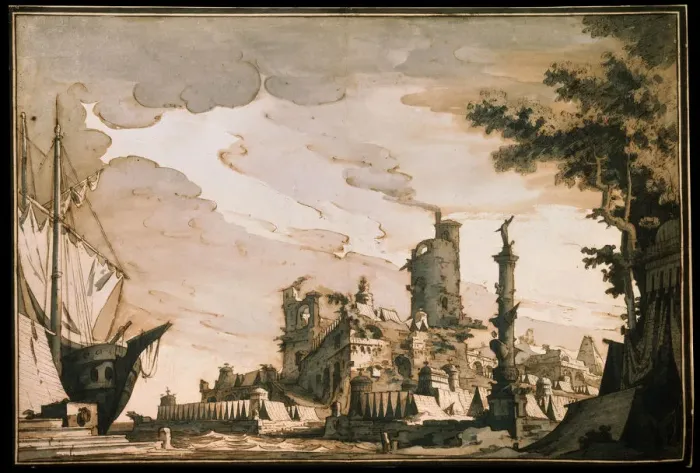 Framed Print : Sea Harbor, Stage design for a theatre play, 1818. Artist: Pietro Gonzaga Framed Print : Sea Harbor, Stage design for a theatre play, 1818. Artist: Pietro Gonzaga