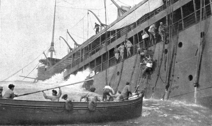 Framed Print : At Sea; After the Sontay was torpedoed on April 16, 1917, at noon: the last passenger... 1917. Creator: Unknown. At Sea; After the Sontay was torpedoed on April 16, 1917, at noon: the last passenger... 1917. Creator: Unknown