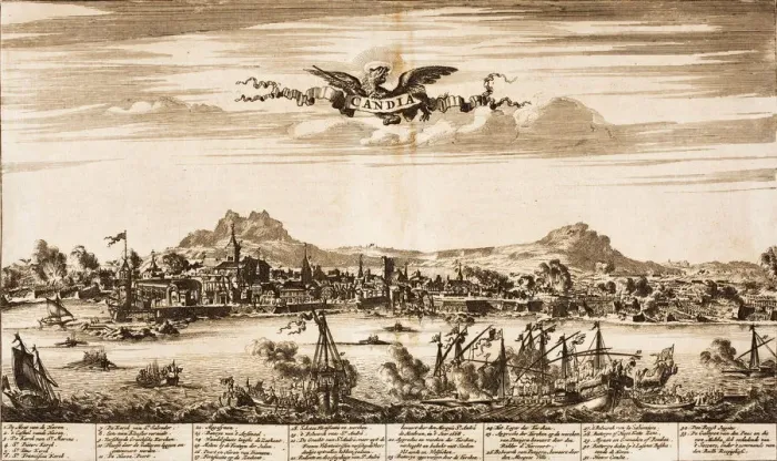 Framed Print : Seabattle during the siege of Candia (From: Schauplatz des Krieges), 1675. Creator: Anonymous Framed Print : Seabattle during the siege of Candia (From: Schauplatz des Krieges), 1675. Creator: Anonymous