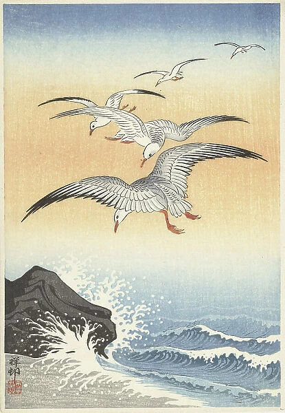 Five seagulls above turbulent sea, Between 1910 and 1920. Creator: Ohara, Koson (1877-1945)