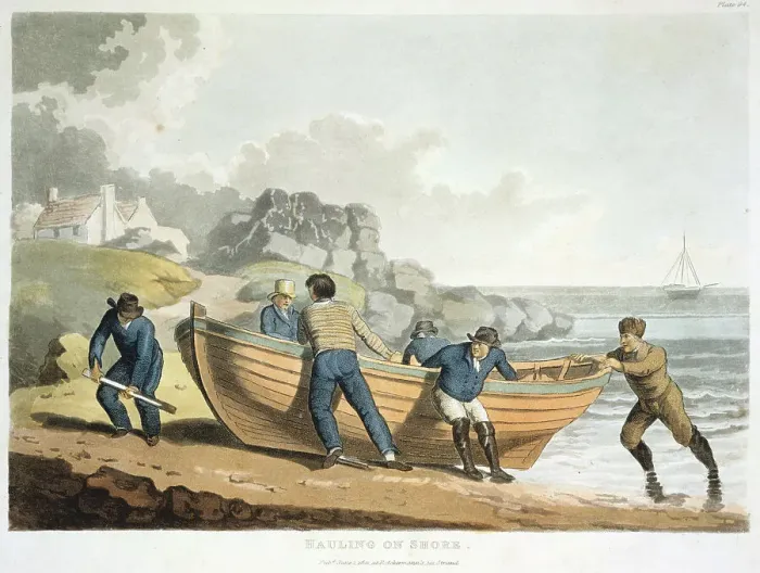 Framed Print : Seamen hauling a clinker-built dinghy up onto the shore, 1821 Framed Print : Seamen hauling a clinker-built dinghy up onto the shore, 1821