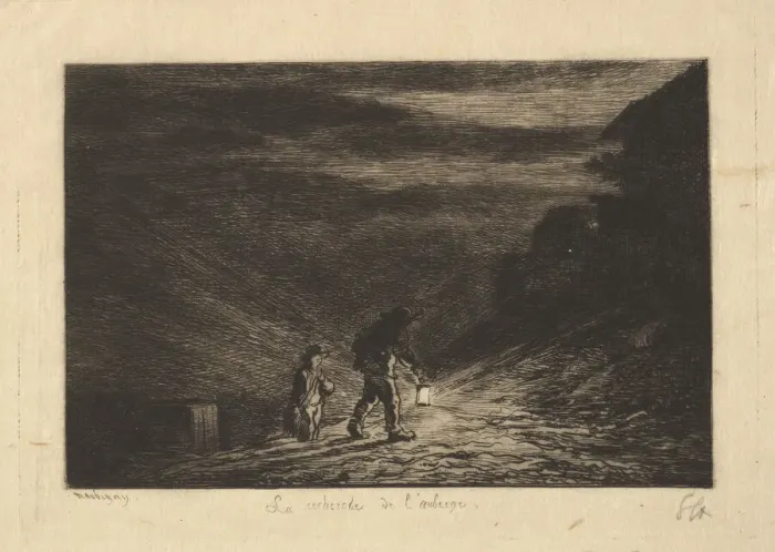 Framed Print : The Search for an Inn, 1861. Creator: Charles Francois Daubigny Framed Print : The Search for an Inn, 1861. Creator: Charles Francois Daubigny