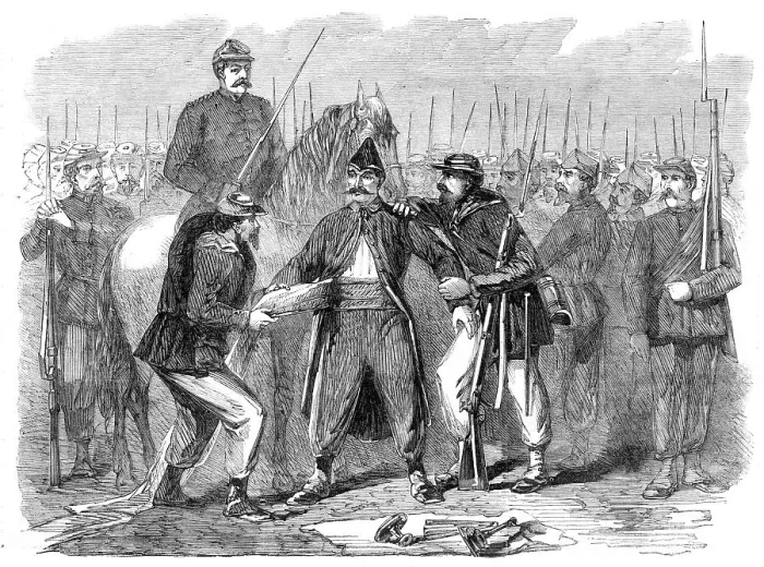 Framed Print : Searching Neapolitan prisoners at St. Angelo - from a sketch by our special artist, Frank... 1860. Creator: Unknown Framed Print : Searching Neapolitan prisoners at St. Angelo - from a sketch by our special artist, Frank... 1860. Creator: Unknown