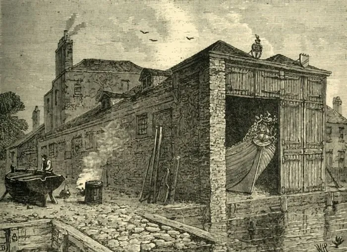 Framed Print : Searles Boat-Yard in 1830, (c1878). Creator: Unknown Framed Print : Searles Boat-Yard in 1830, (c1878). Creator: Unknown
