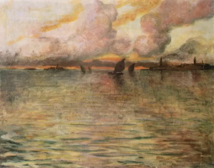Framed Print : Seascape with Distant View of Venice, 1896. Artist: Charles Cottet Framed Print : Seascape with Distant View of Venice, 1896. Artist: Charles Cottet