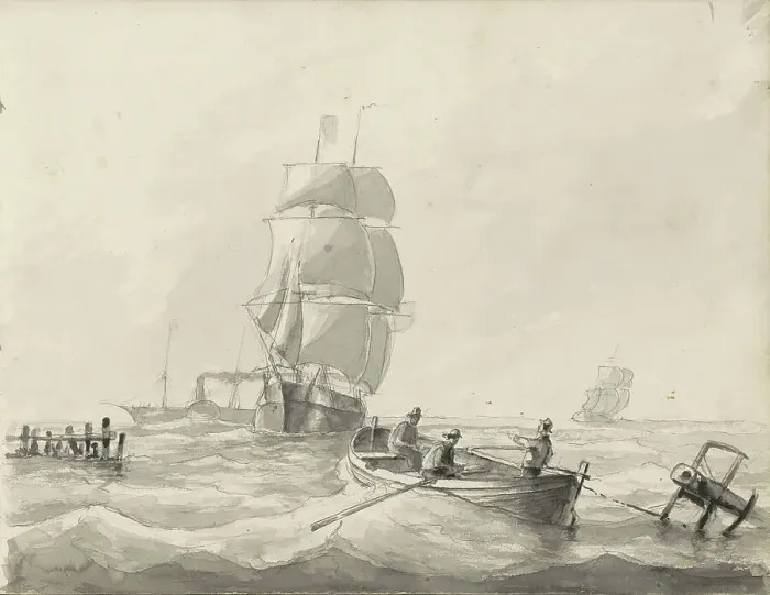 Framed Print : Seascape with sailing ships, a steamship and a rowing boat, c.1825-c.1875. Creator: Circle of Petrus Johannes Schotel Framed Print : Seascape with sailing ships, a steamship and a rowing boat, c.1825-c.1875. Creator: Circle of Petrus Johannes Schotel