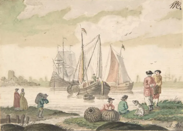 Framed Print : Seascape with Seven Figures and a Dog, 1733-93. Creator: Nicols Aartman Framed Print : Seascape with Seven Figures and a Dog, 1733-93. Creator: Nicols Aartman