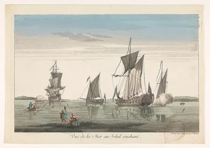 Framed Print : Seascape with ships and boats at sunset, 1745-1775. Creator: Unknown Framed Print : Seascape with ships and boats at sunset, 1745-1775. Creator: Unknown