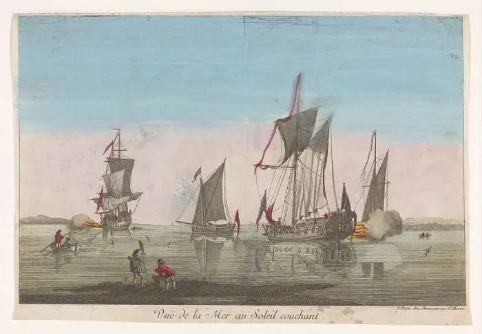 Framed Print : Seascape with ships and boats at sunset, 1745-1775. Creator: Unknown Framed Print : Seascape with ships and boats at sunset, 1745-1775. Creator: Unknown