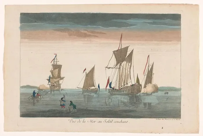 Framed Print : Seascape with ships and boats at sunset, 1745-1775. Creator: Unknown Framed Print : Seascape with ships and boats at sunset, 1745-1775. Creator: Unknown