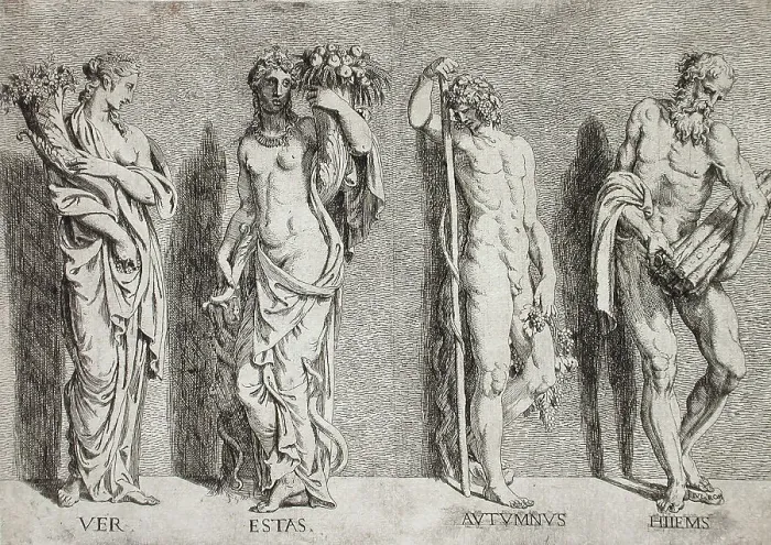 Framed Print : The Four Seasons, between 1515 and 1573. Creators: Battista del Moro, Giulio Romano Framed Print : The Four Seasons, between 1515 and 1573. Creators: Battista del Moro, Giulio Romano