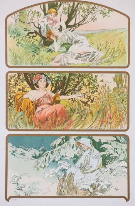 Framed Print : Three Seasons, c. 1898. Creator: Mucha, Alfons Marie (1860-1939) Framed Print : Three Seasons, c. 1898. Creator: Mucha, Alfons Marie (1860-1939)