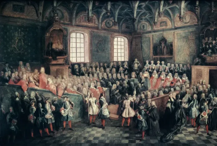Framed Print : The Seat of Justice in the Parlement of Paris, 1723. Artist: Nicolas Lancret