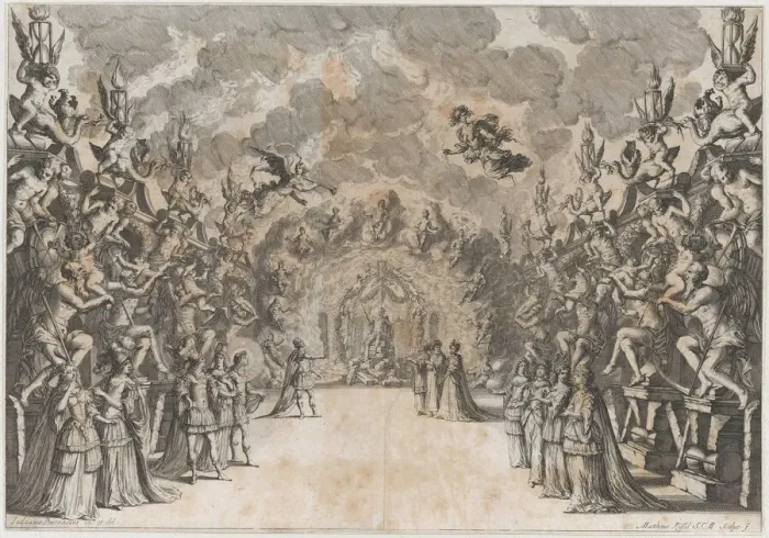 Framed Print : The Seat of Saturn; Saturn at center, seated on a throne of rubble, conversing with a king... 1678. Creator: Mathaus Küsel Framed Print : The Seat of Saturn; Saturn at center, seated on a throne of rubble, conversing with a king... 1678. Creator: Mathaus Küsel