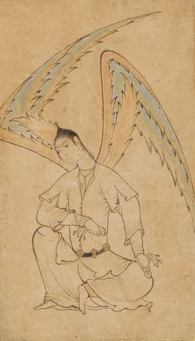 Framed Print : A Seated Angel (Peri), Mounted on an album leaf (image 3 of 4), between c1610 and c1625. Creator: Unknown Framed Print : A Seated Angel (Peri), Mounted on an album leaf (image 3 of 4), between c1610 and c1625. Creator: Unknown